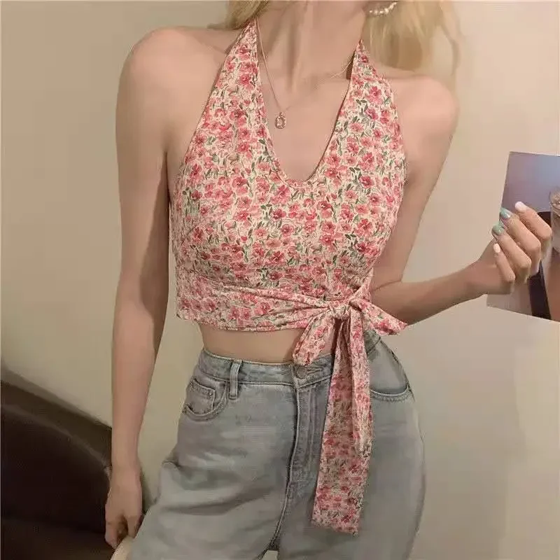 

Sexy Tanks y2k Summer Korean fashion Floral Vintage Party Club Ladies Crop Tops Bow Chic Slim Sleeveless Women Streetwear Newest