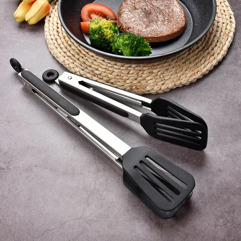 Non-Stick Silicone Cooking Tongs Stainless Steel Food Tongs Non-Slip Bread Steak Clip Salad Pizza BBQ Grill Kitchen Accessories
