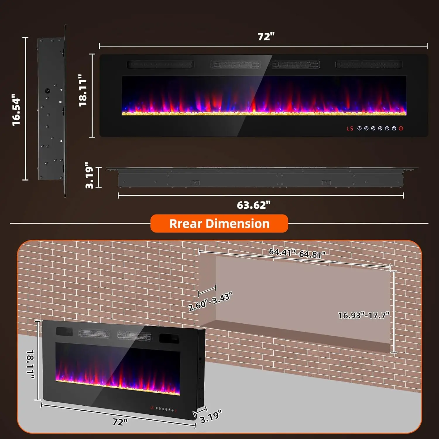 72 inches Electric Fireplace-Wall Fireplace for Living Room-Fireplace Freestanding/Inserts/Wall Mounted with Remote Control 6