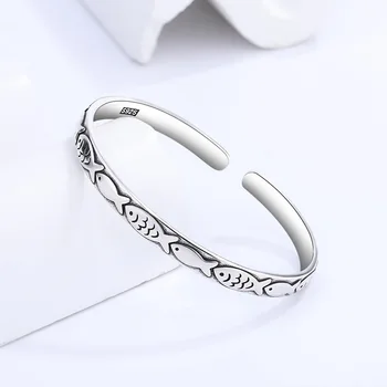 New Retro Female Minority Design Embossed Small Fish Bangle 925 Sterling Silver Simple Ins Personality Animal Opening Bracelets