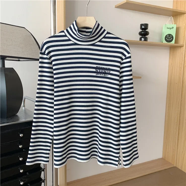 

Хлопковые футболки с высоким воротником, полосатые укороченные топы С Вышивкой Букв, осенняя футболка с длинными рукавами, одежда, 한국국국리옷 옷