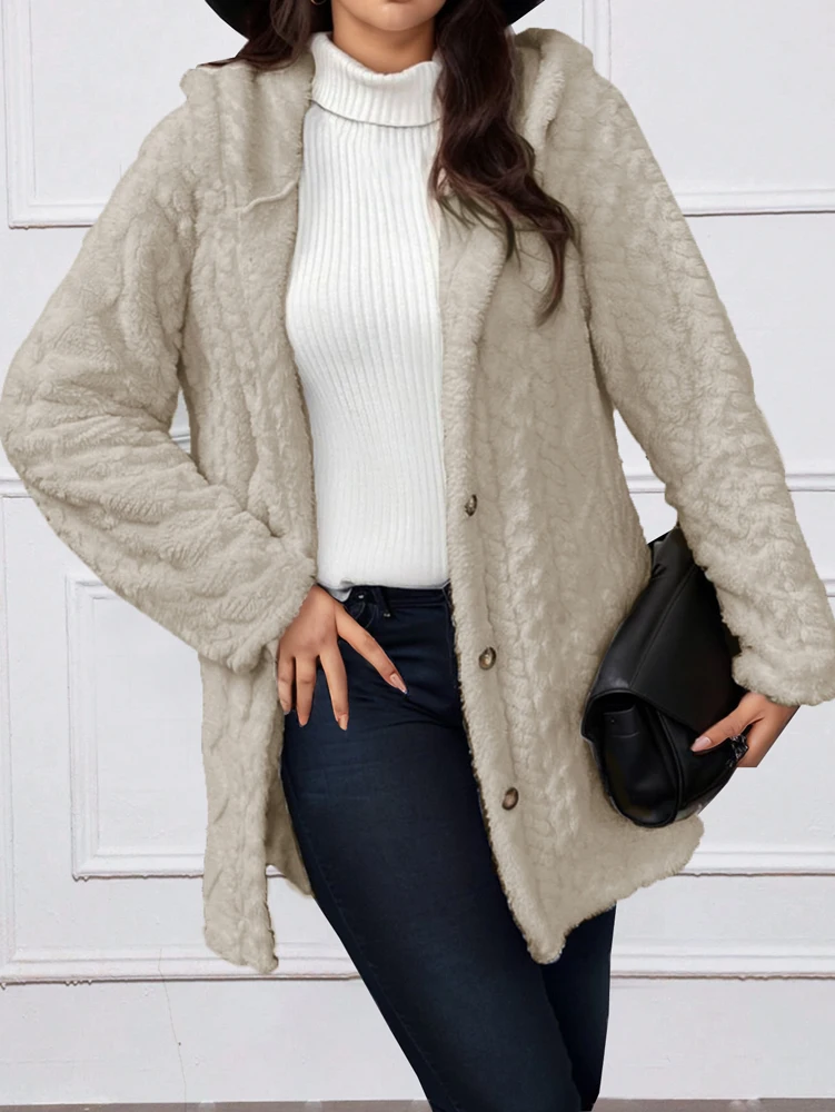 Plus Size Herbst und Winter Kunstpelzmantel Plüsch Knopf Strickjacke Kapuzenpullover Reine Farbe Herbst und Winter Wärme – Detail 15