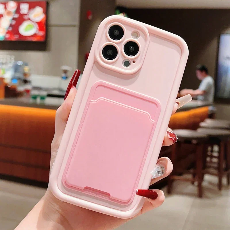 Silicone Soft Shockproof Phone Case with Card Holder - Candy Color Cover