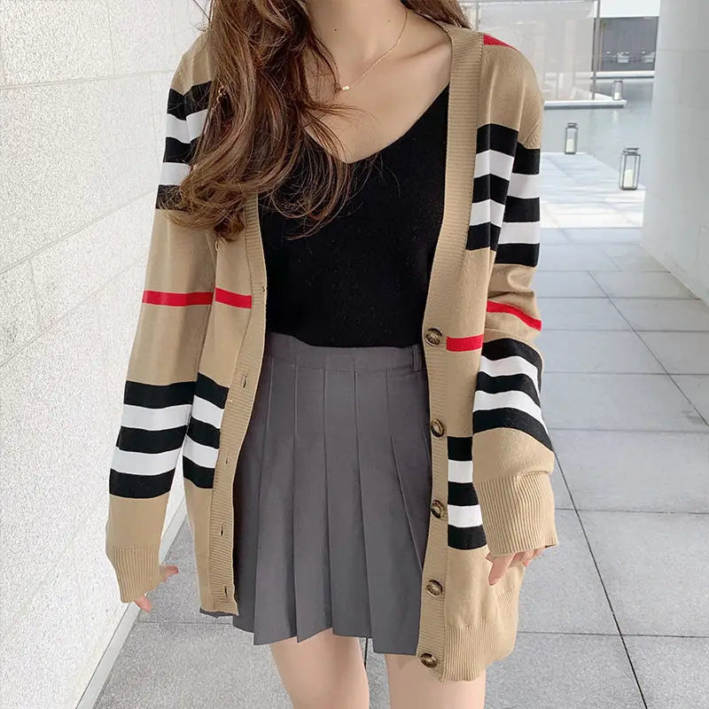 Spring and autumn classic striped color matching V-neck long knit cardigan loose sweater coat Joker.