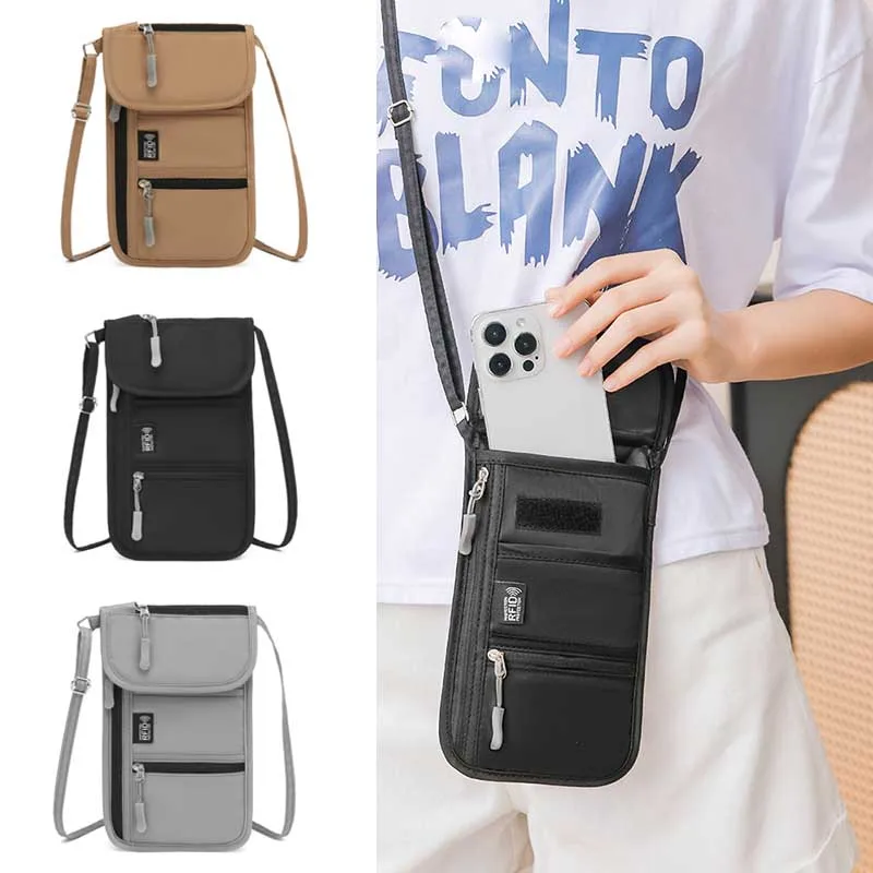 Portable Crossbody Bag Travel Passport Document Bag Multi-Function Ticket Card Storage Bag Oxford Cloth Neck Hanging Phone Bags