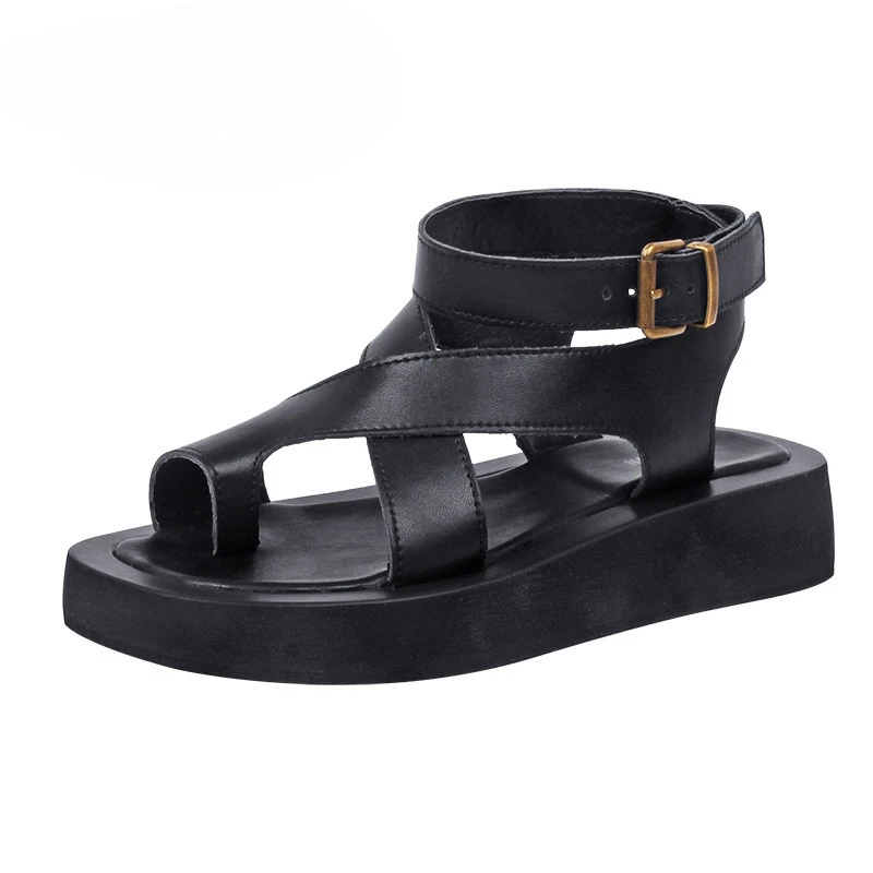 

Hot 2024 Summer Fashion Sandals Women Genuine Luxury Leather Clip Toe Sandals Ladies Roman Women Shoes Muffin Sandals