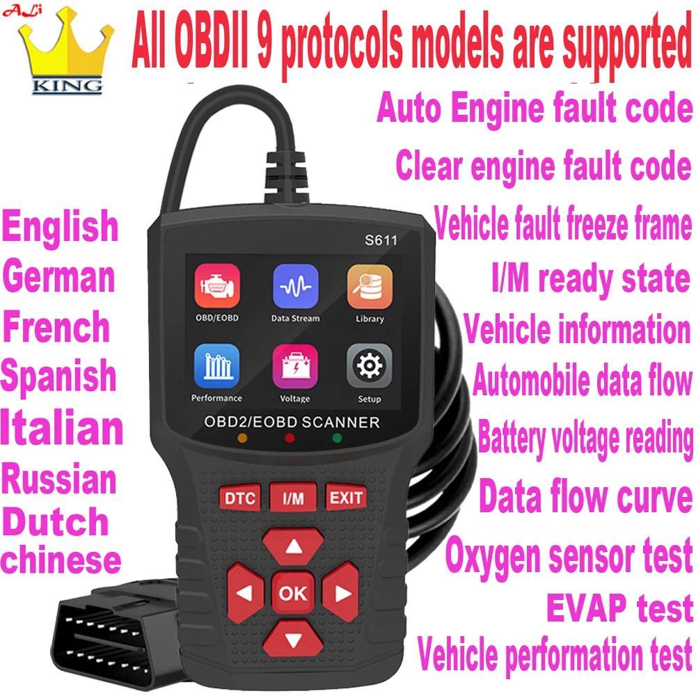 

Автомобильный сканер с кабелем S611 OBD2, 9 протоколов, поддержка для очистки кодов ошибок автомобиля, считыватель кодов ошибок автомобиля, диагностика ошибок двигателя, Автомобильный сканер, инструменты