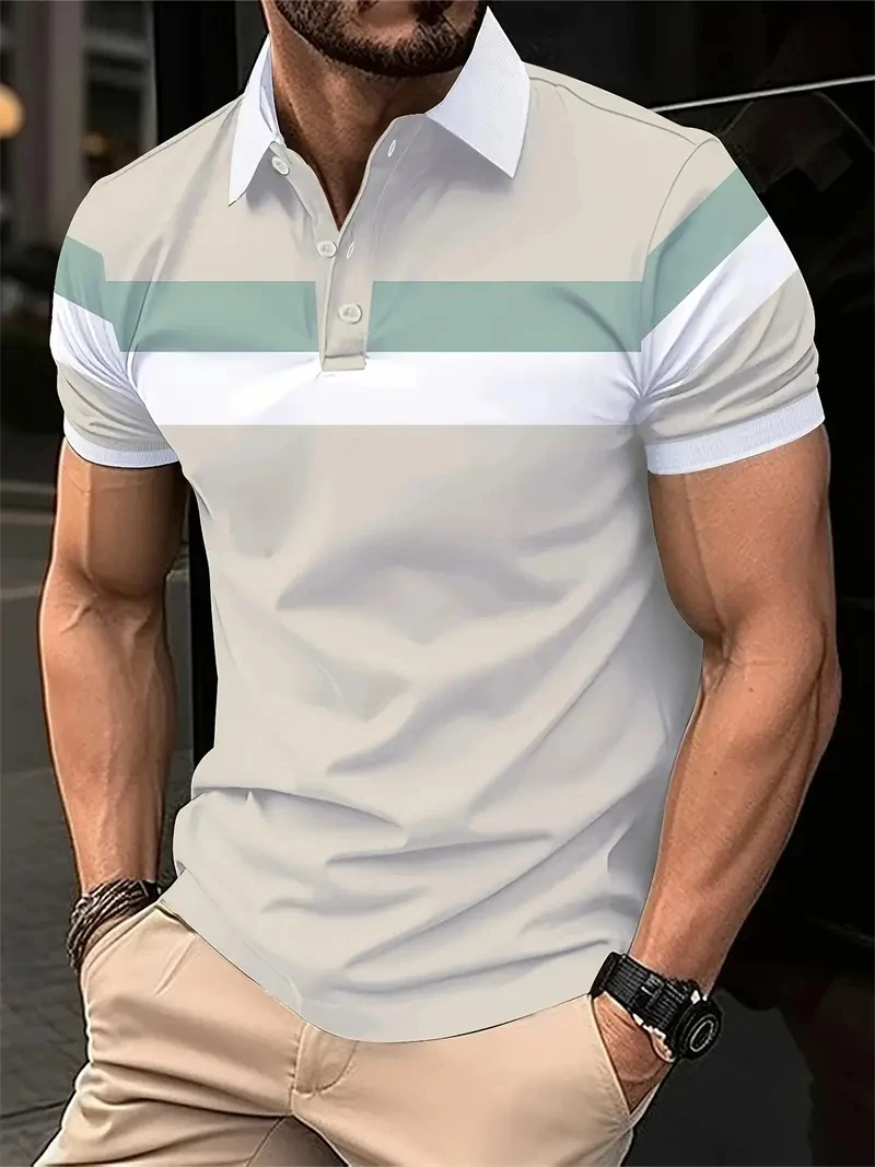 

Summer New Fashion Business Casual Lapel Button Polo Shirt Men Short Sleeve Spell Color 3D Digital Print Leisure Loose Men Tops