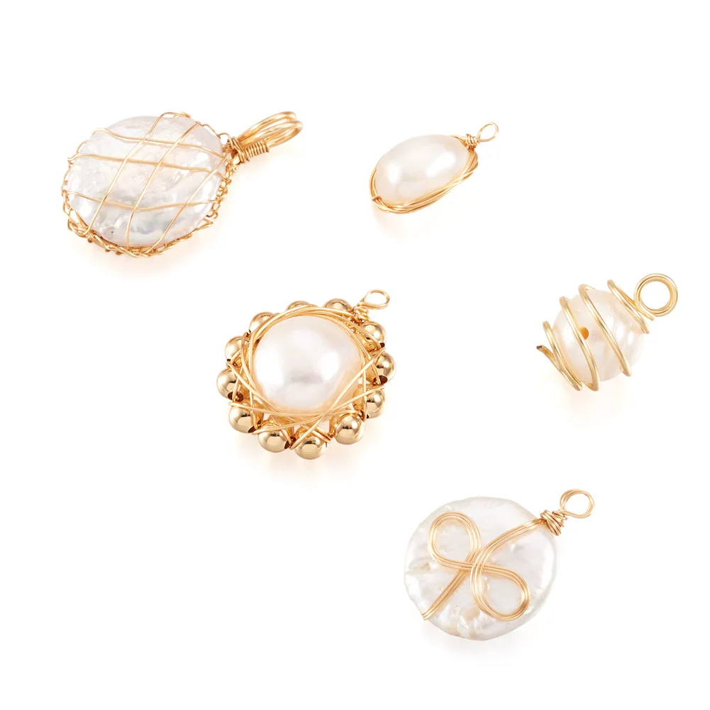 10Pcs Natural Pearl Pendants Keshi Pearl Charms with Real 18K Gold Plated Copper Wire For DIY Necklace Earrings Jewelry Making