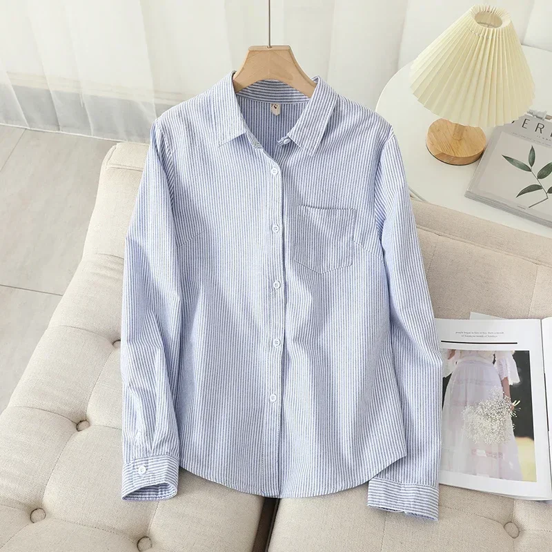 売れ筋商品|||ドライコーン シャツ レディース トップス ZYLORA - Blouse - blue Blue Striped Shirts for Women Spring 2023 Korean Loose