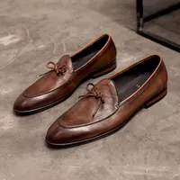 Genuine Leather Men Loafers Handmade Square Toe Butterfly-knot  Solid Handmade  Zapatos De Vestir Hombre 1