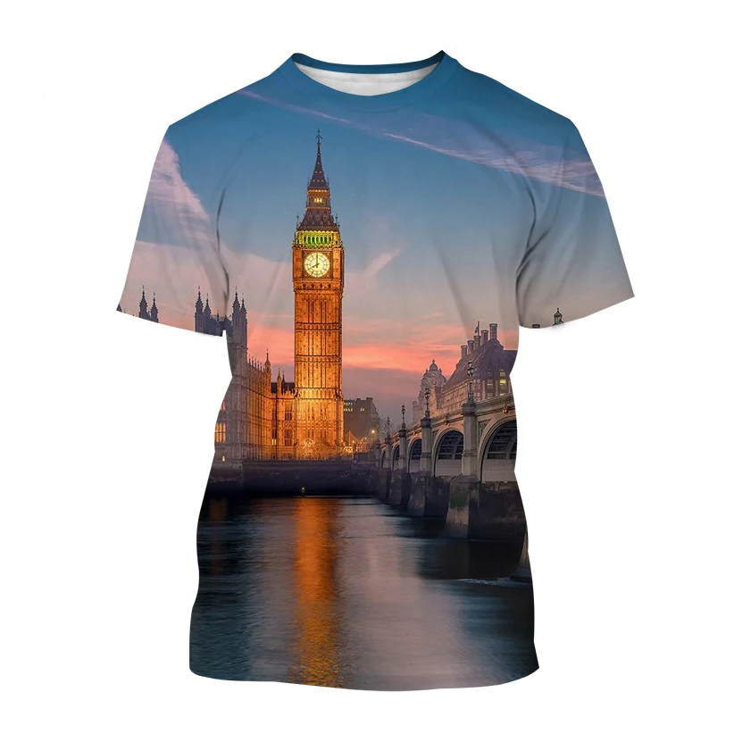 

2023 New British London Big Ben Printed Short-sleeved T Shirt Men and Women Casual Clock Tower Building Streetwear Top