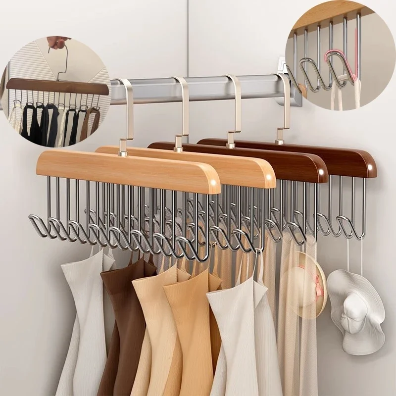 Multifunctional Solid Wood Hanger Hook Women Storage Bra Hanger Home Belt Durable 8 Hook Rack Closet Clothes Organizer