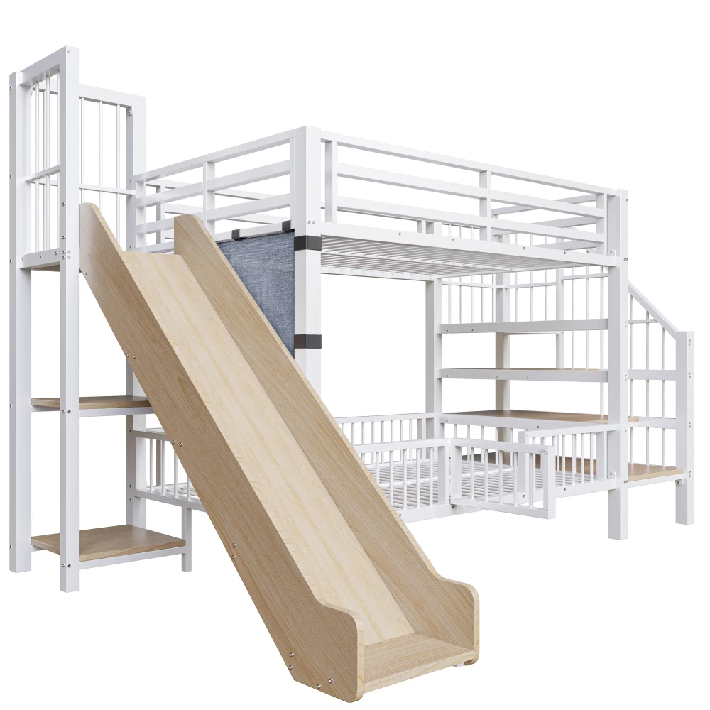 90*200cm Metal Bed for Children, with Slide and Storage Staircase, Bunk Bed with Protective Lattice Door, Integrated Shelves