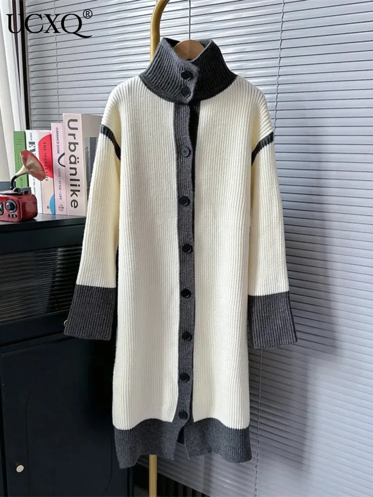 

UCXQ Turtleneck Winter Cardigan Coat Women Single Breasted Patchwork Elastic Long Sleeve Sweater Jacket 2023 Autumn New 23A5577