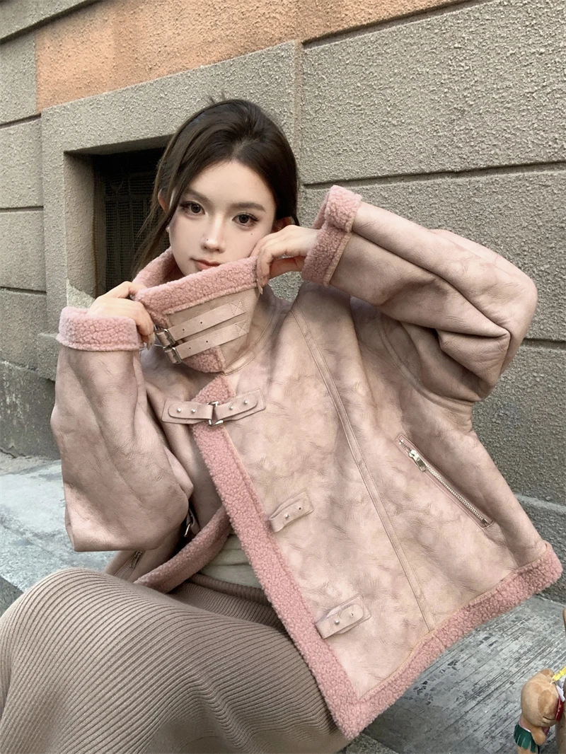 

Sheepskin Faux Suede Jacket For Women Winter Warm Vintage Fur Integrated Lapel Coat Female Long Sleeve Short Chic Button Outwear