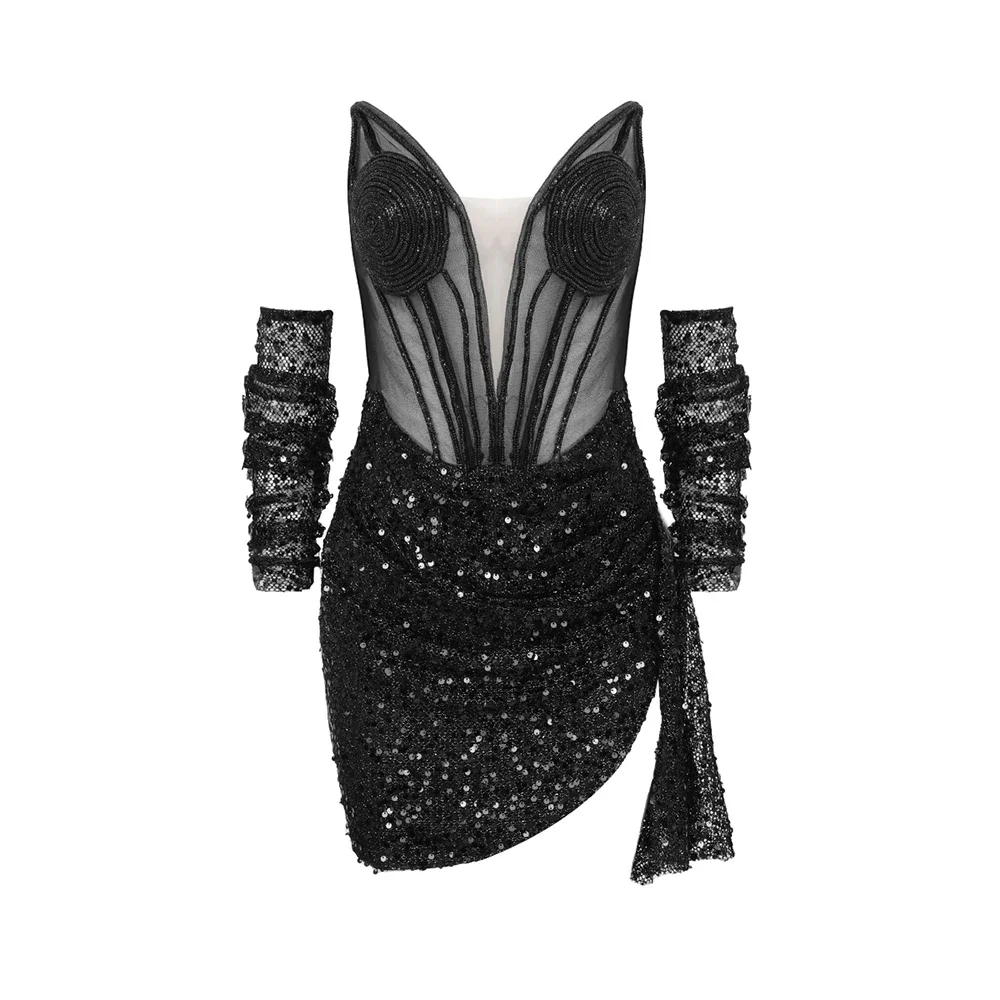

Evening Party Dresses For Women Sexy V Neck Mesh Patchwork Sequins Black Mini Dress With Gloves