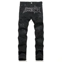 Jean déchiré noir rétro pour hommes, pantalon à jambes droites, Patch pentagramme, décontracté, automne et hiver 1