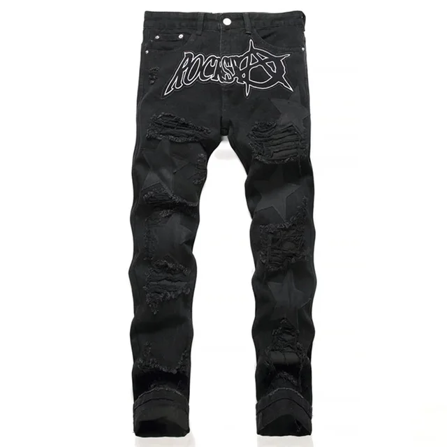 Jean déchiré noir rétro pour hommes, pantalon à jambes droites, Patch pentagramme, décontracté, automne et hiver 1