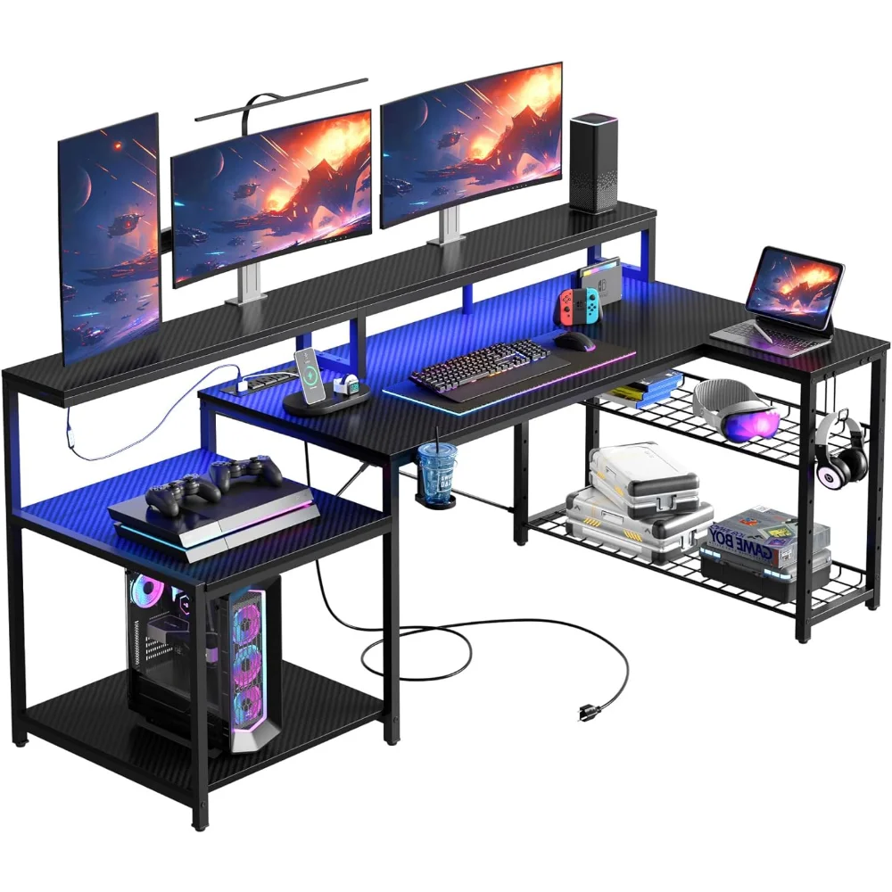 71.5 inch LED Computer Desk with Monitor Stand, L Shaped Large Desk with Metal Shelf, Cup Holder & Headset Hooks