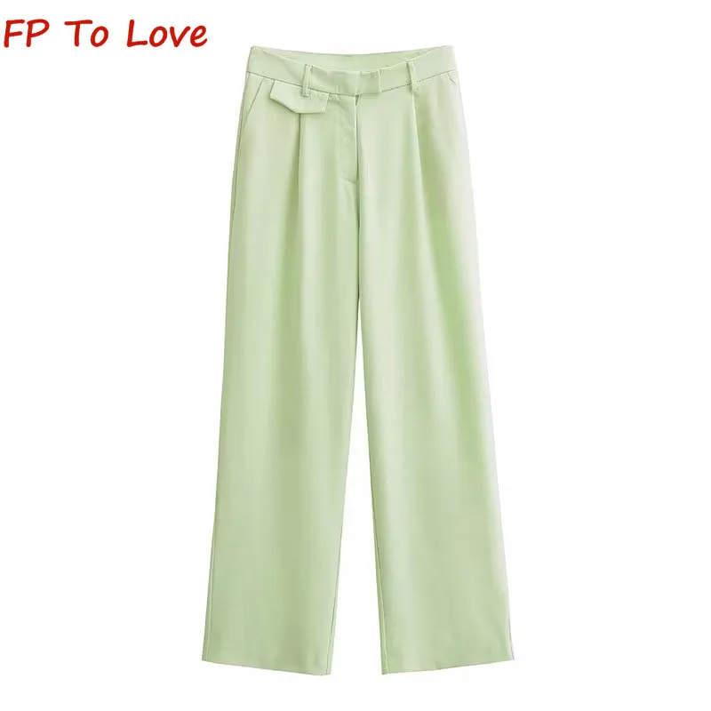 

OOTD 2023 High Waist Loose Straight Trousers Vintage Light Green Personality Irregular Casual Suit Pants Women