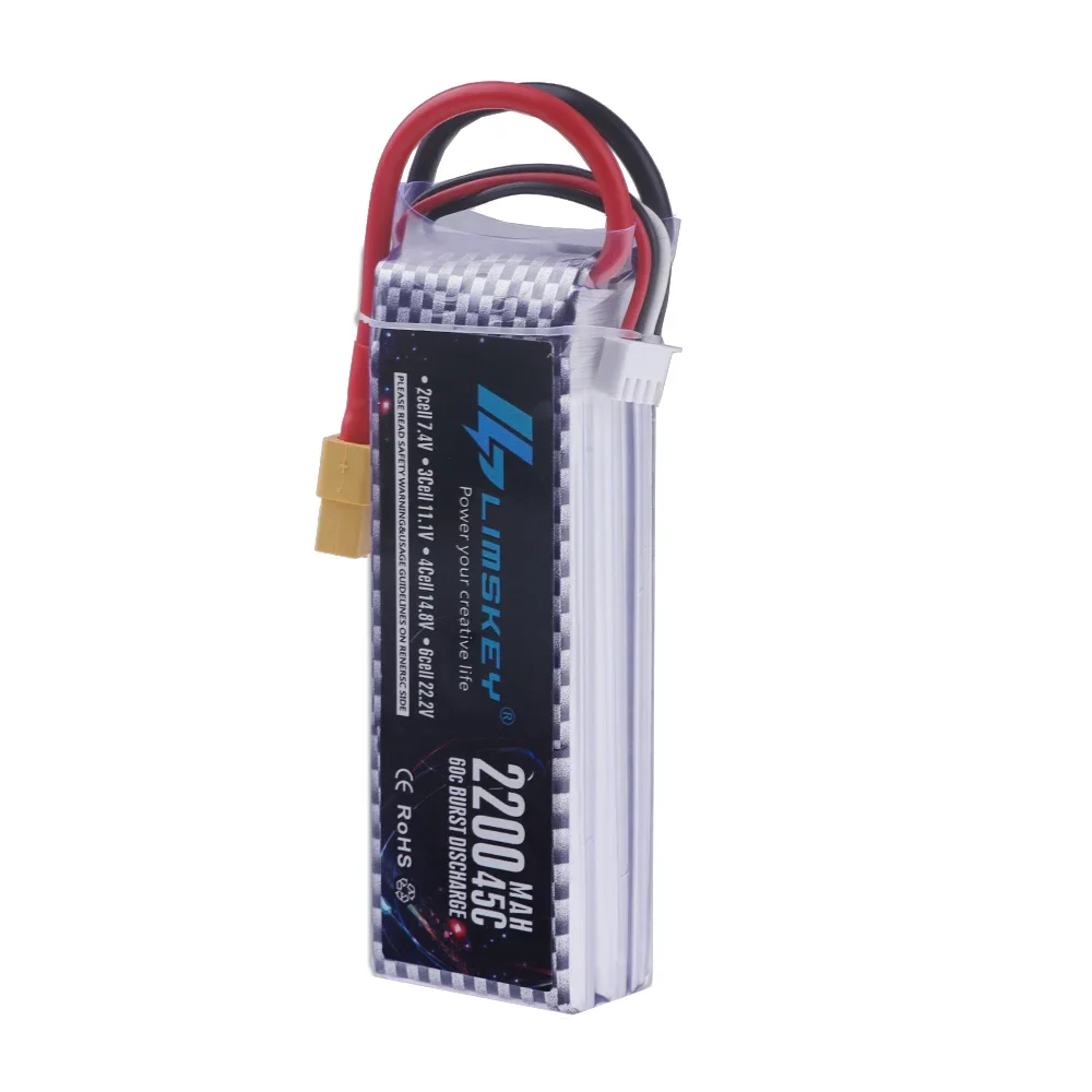 Batterie LiPo 3S 11.1V pour RC posée sur une surface plane, câbles visibles