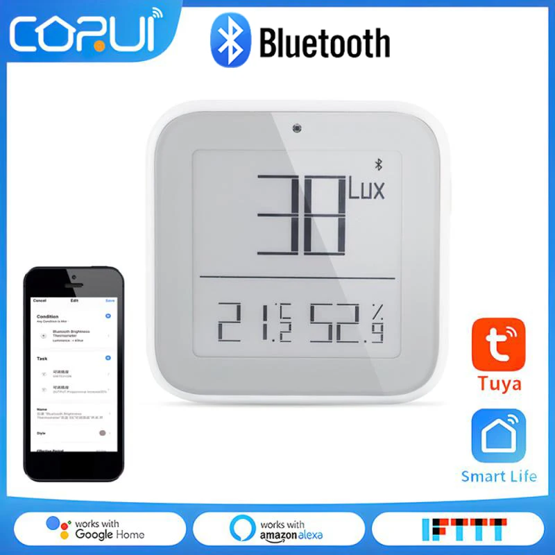 

CORUI Tuya Temperature And Humidity Detector Smart Home Assistant Bluetooth Brightness Thermometer Real-time Light Sensitive