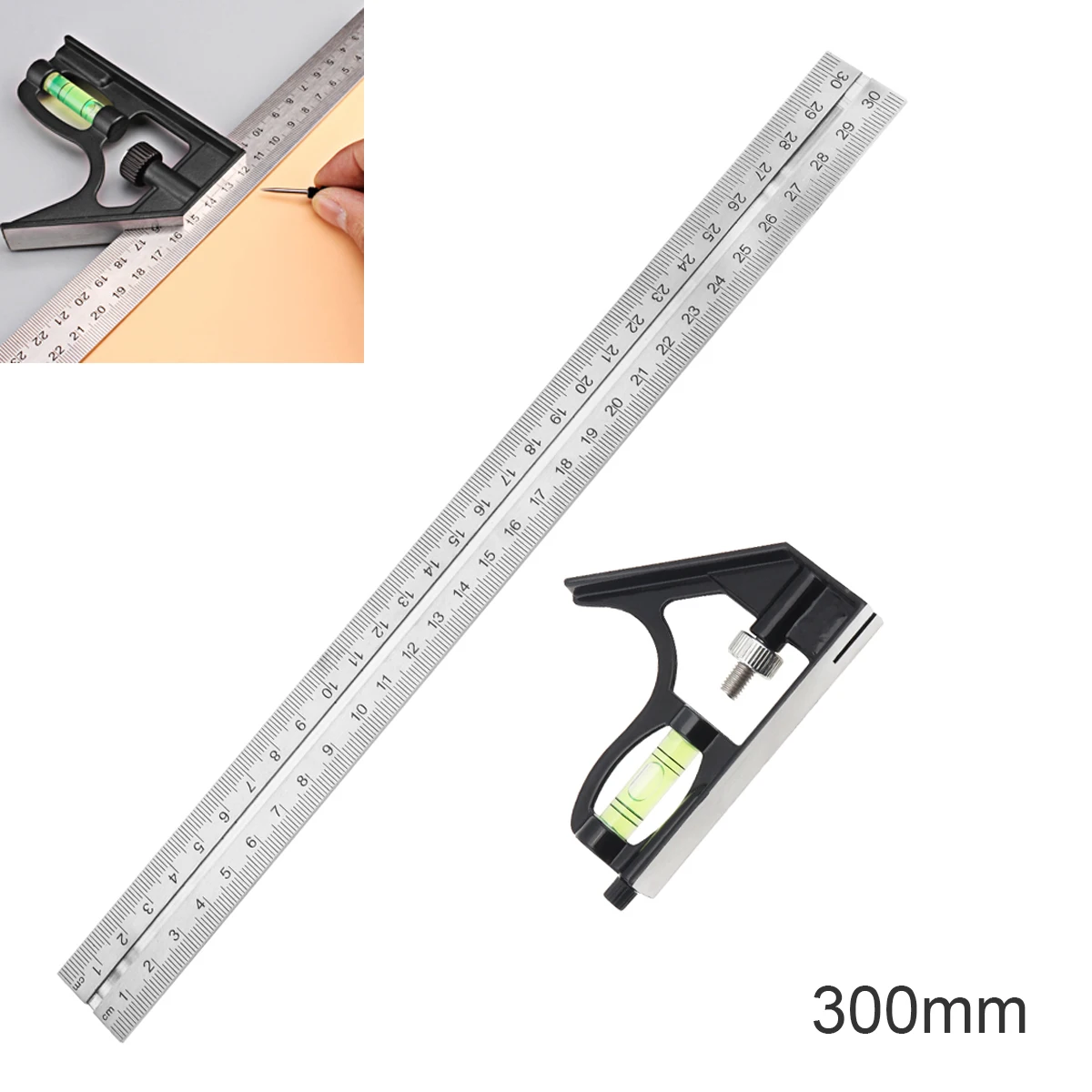 12 Inch 300mm Adjustable Stainless Steel Combination Square Angle Ruler 45/90 Degree Multifunctional Woodworking Measuring Tool