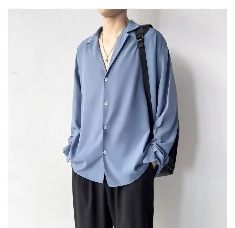 Koreanische Mode männer Hemd Frühling Sommer Neue Lose Beiläufige Lange ärmeln Revers High Street Männlichen Anzug Hemd Weiß schwarz Grau Grün – Detail 15