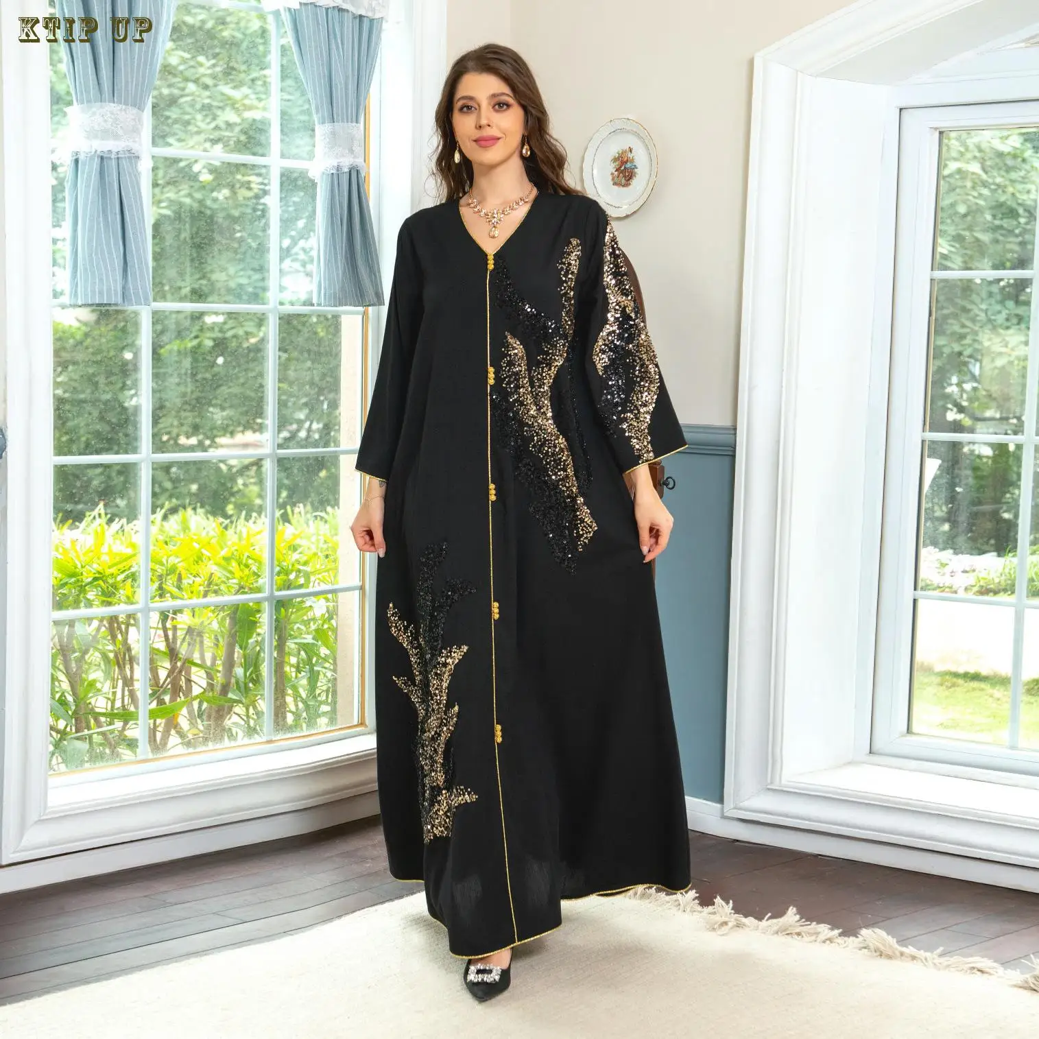 

Ramadan Morocco Arab Dubai Muslim Women's Dress Middle Eastern Saudi Long Sleeve Panel Beaded Embroidered Loose Fitting Dress