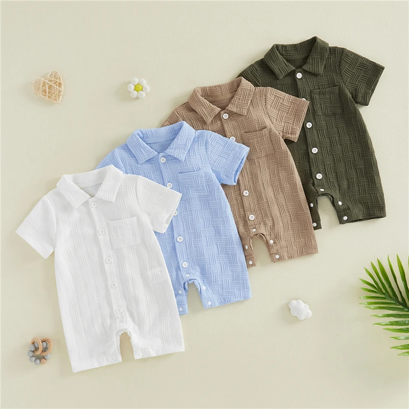 Infant Baby Boy Summer Clothing Toddler Boys Lapel Romper Fashion Solid Color Short Sleeve Button Down Jumpsuits Baby Rompers 2