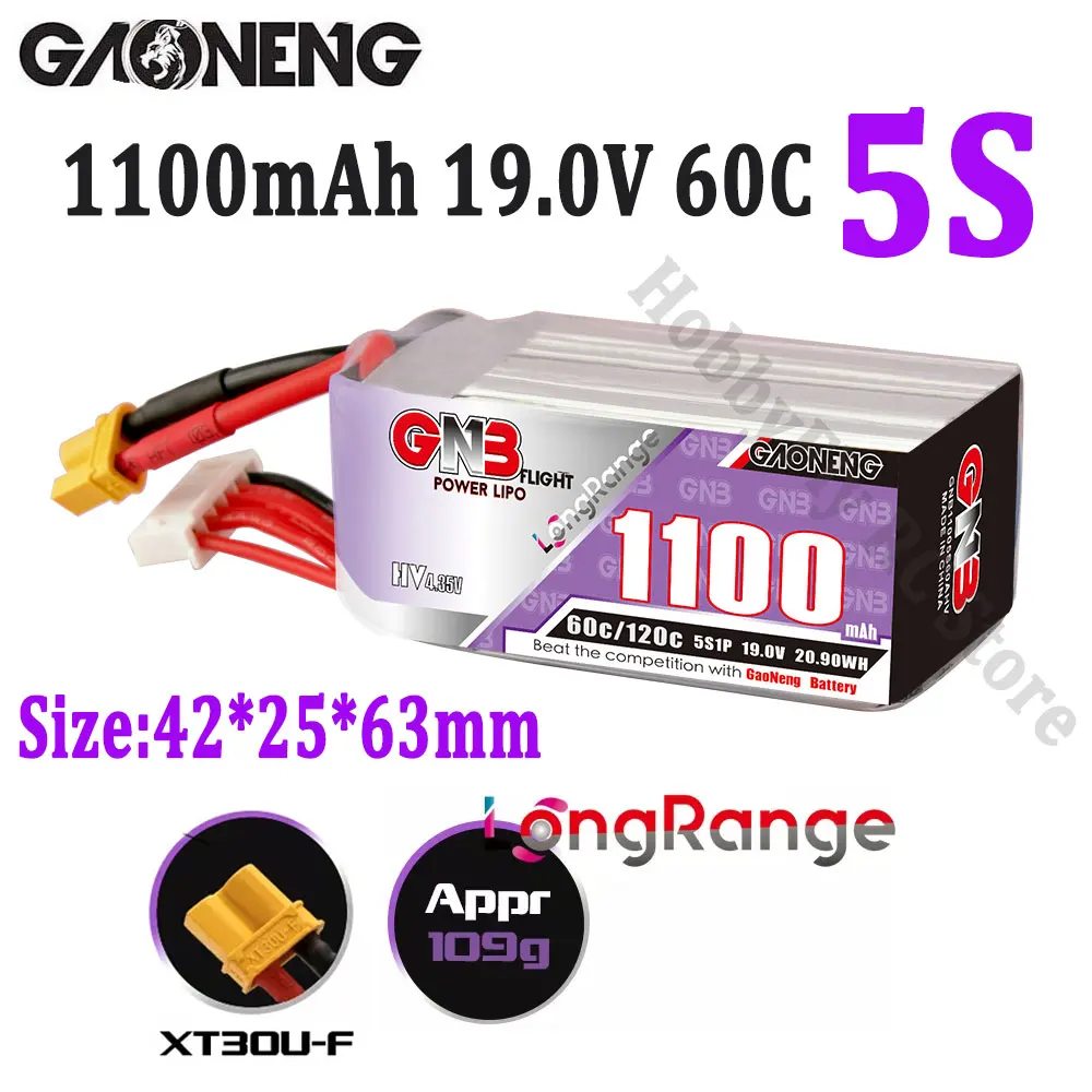 Gaoneng-Batterie Lipo longue portée avec prise compte 30 pour importateur de  course FPV, GNB, 1100mAh, 60C, 2S, 3S, 4S, 5S, 6S, 7.6V, 11.4V, 15.2V,  19.0V, 22.8V