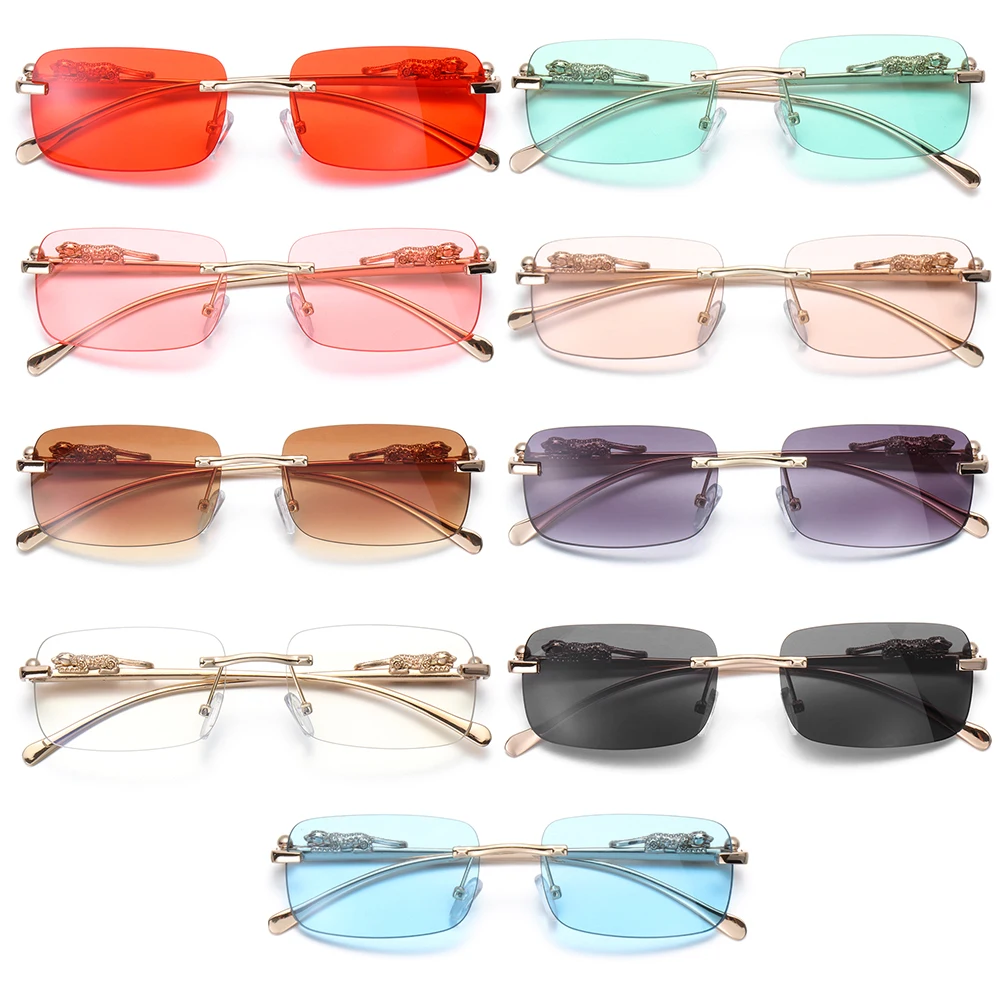 Fashion Rimless Rectangle Sunglasses for Women Men Luxury Retro Cheetah ...