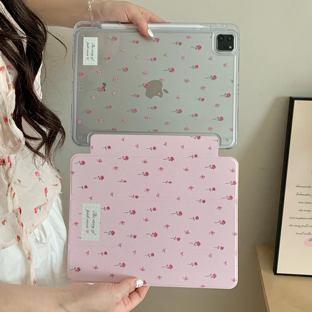 Rose Flowers Case With Pencil Holder For iPad