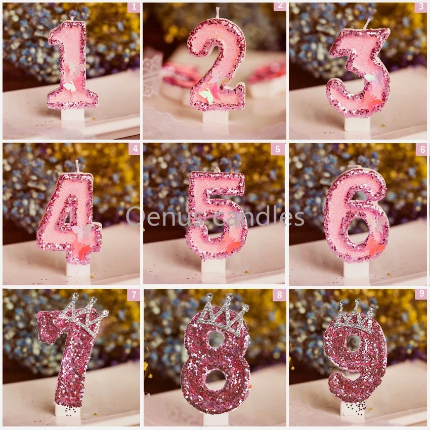 

Children's Birthday Candles 0-9 Number Pink Candle Butterfly Glitter Beeswax Candles for Cake Decoration Anniversary Party