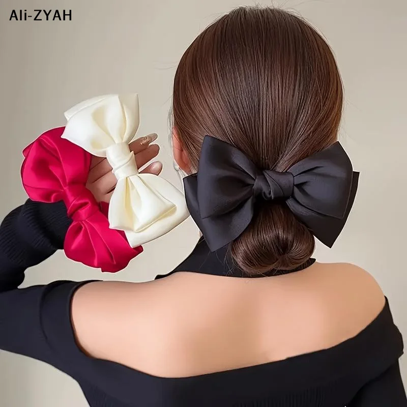 Elegant Satin French Bow Scrunchie - Luxury Textured Hair Accessory