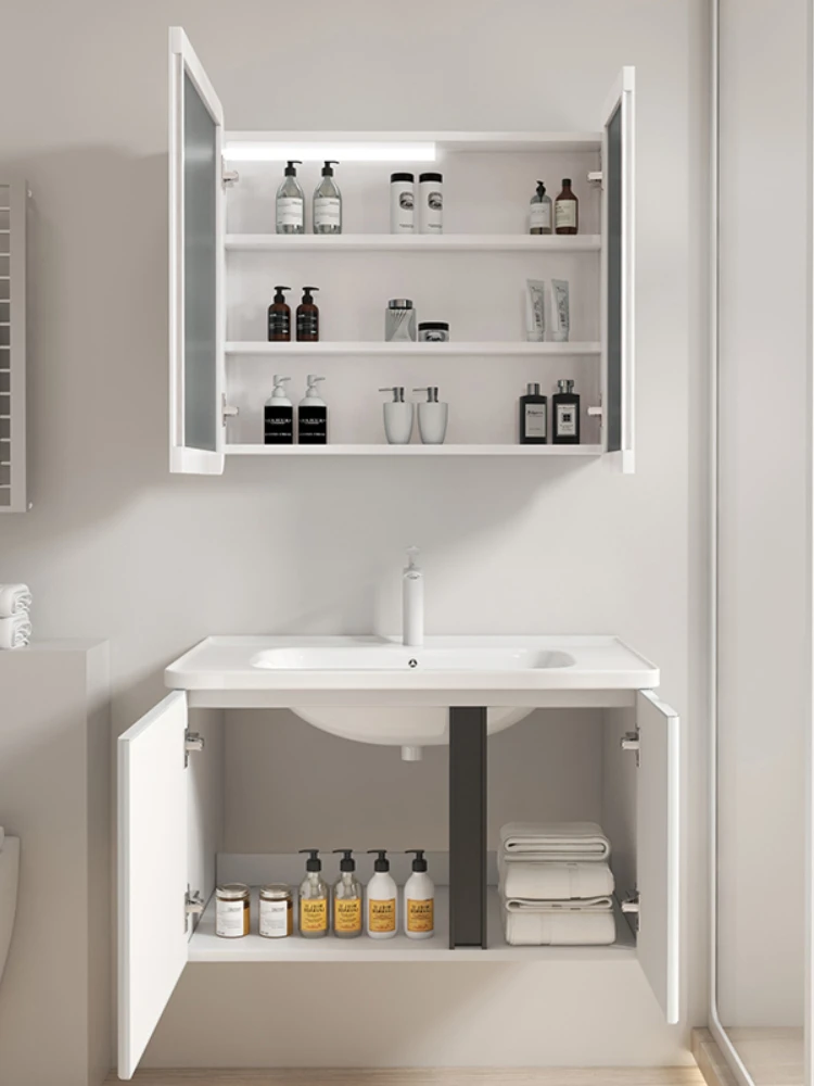 Milk white bathroom cabinet combination stainless steel arc induction lighting ceramic basin