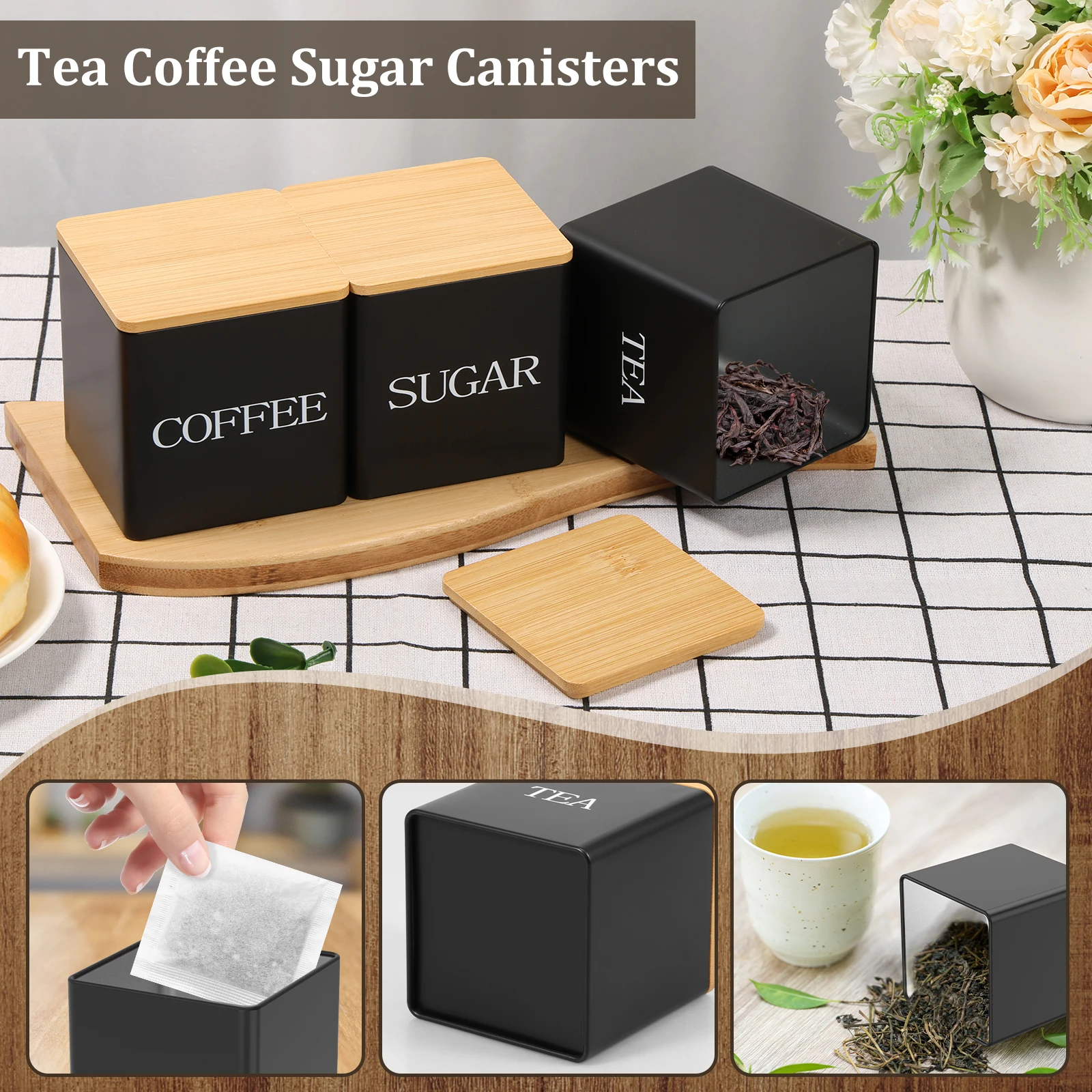 3Pcs Set 500ml Tea Sugar Coffee Canister Sealed Tea Sugar Coffee Jar with Bamboo Lids Large Capacity Coffee Canister for Kitchen 5