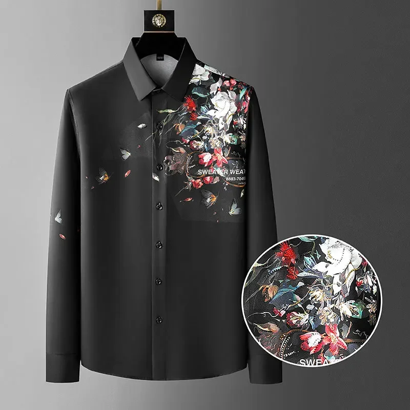 

Colored Floral Rhinestones Shirt Camiseta Masculina Spring Shirts For Men Social Club Outfits Brand Hot Diamond Print Shirt Men