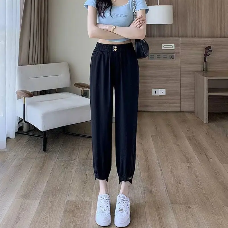 Ice Silk Quick Dried Solid Harun Trousers Lady Summer Thin High Waist Drape Button Nine Point Casual Straight Leg Wide Leg Pants