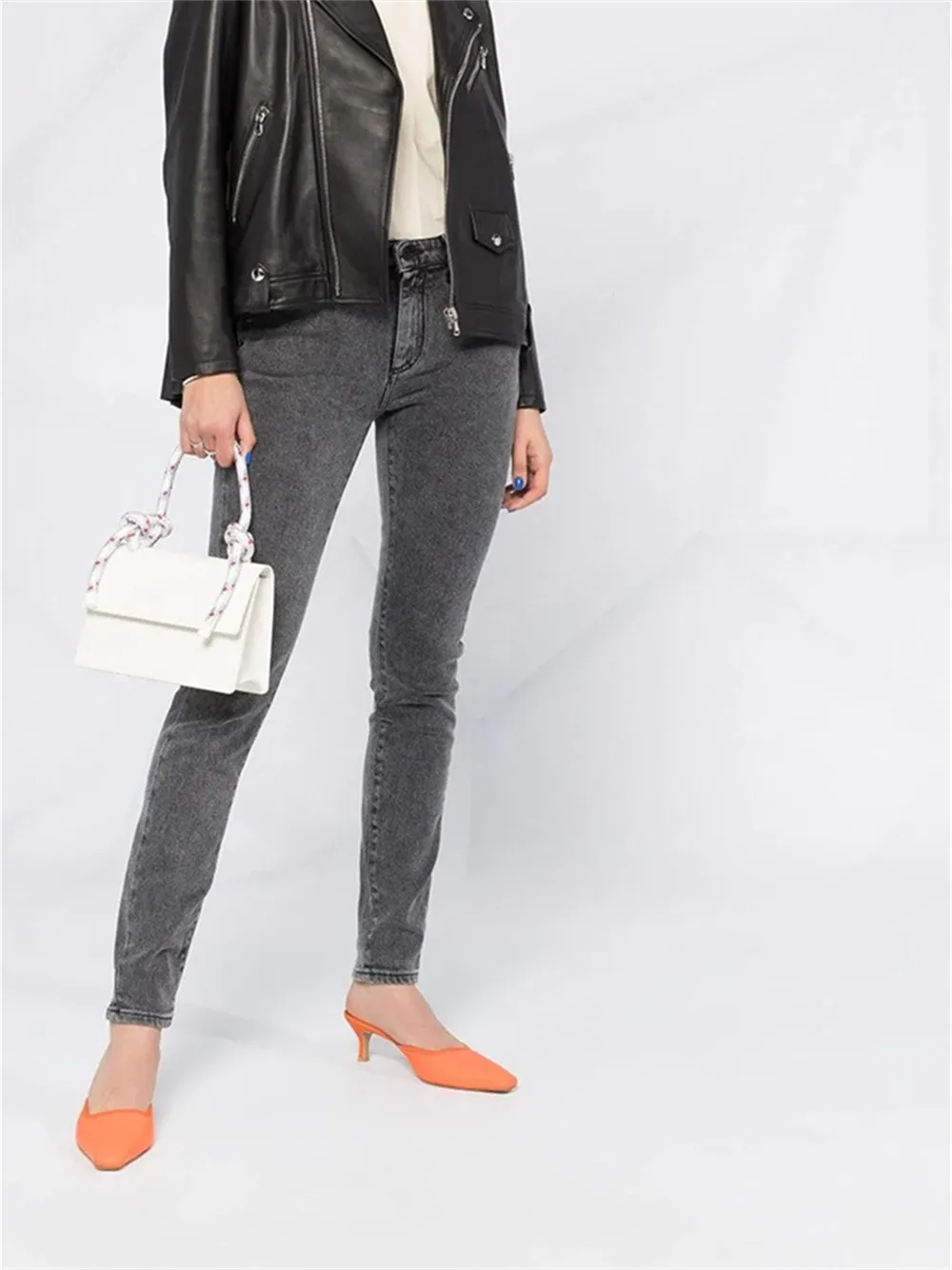 

Women High Waist Elasticity Breech Pants 2023 Spring Summer New Ladies All-Match Letter Printed Vintage Grey Color Denim Jeans
