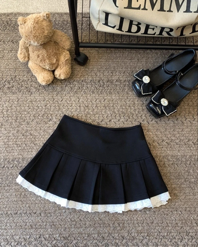 Y2K Lace Patchwork Mini Skirt Women High Waist Sweet Preppy