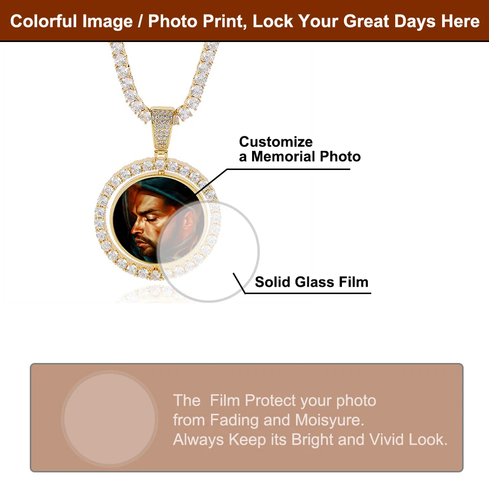 Hip Hop Double Side Round Rotating Memory Photo Custom Pendant Necklace Round Rotate Picture Zircon Iced Out Bling Necklace