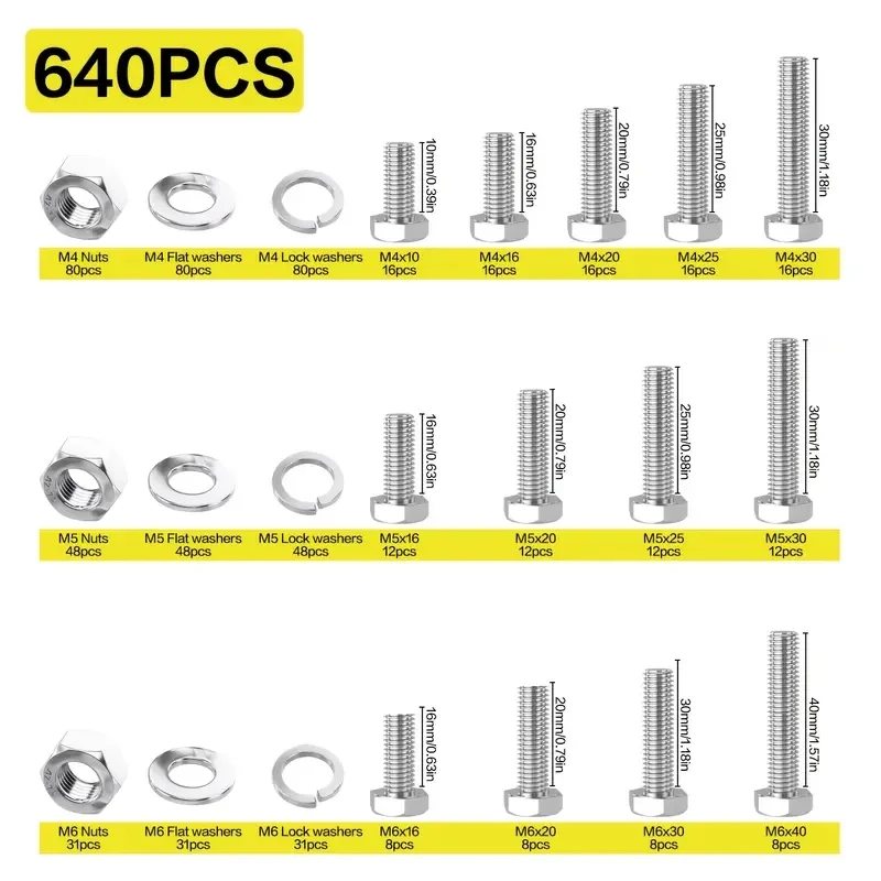 640-piece M4 M5 M6 Heavy Duty bolt and nut set, metric 304 stainless steel screw set with flat washer and spring washer for home