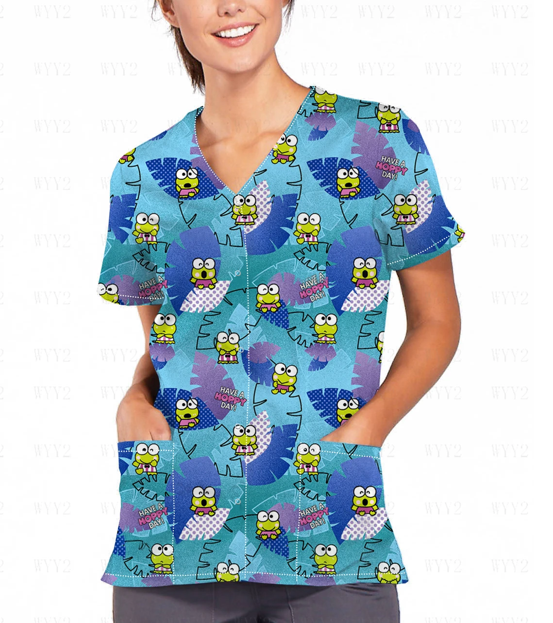 

V-Neck Print Scrub Top Pocket Short Sleeve Top Fashionable Disney Cartoon Pattern Dental Spa Work Uniform T-Shirt Summer