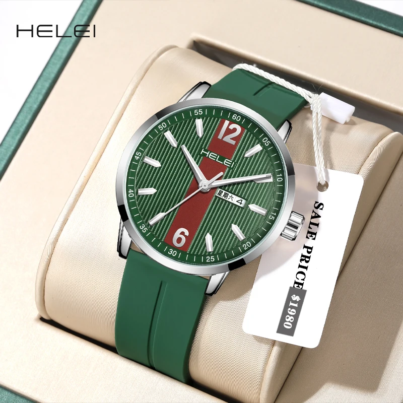 HELEI2024 Business Men's Quartz Watch 2024 Fashion Simple Silicone Waterproof Men's Watch Date Display Innovative Design Dial