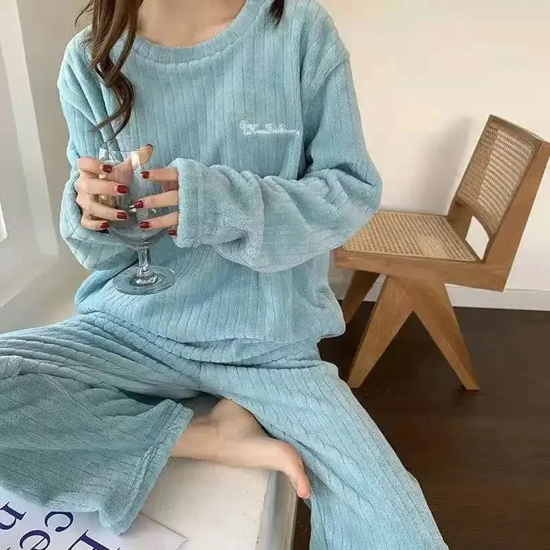Women Velvet Pajama Set Fleecing Warm Loose Top And Elastic Waist Pants Home Casual Warm Woolen Suit Autumn Winter cotton pajama set