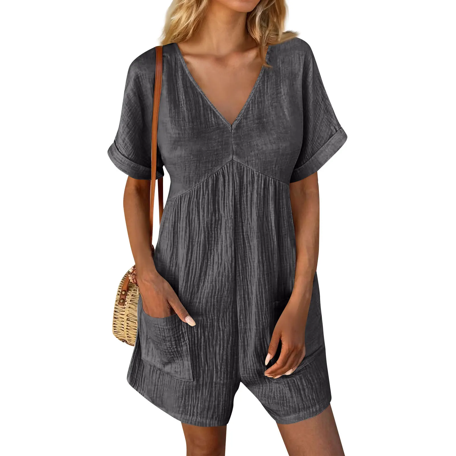 Women Summer Short Jumpsuits and Rompers V-neck Pockets Playsuits Ladies Casual Bodysuits