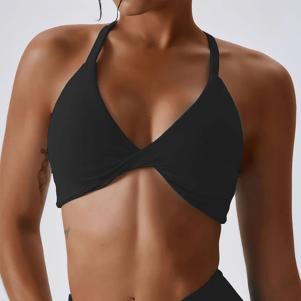 Sports Bra Women Solid Halter Neck High Elastic Removable Padded