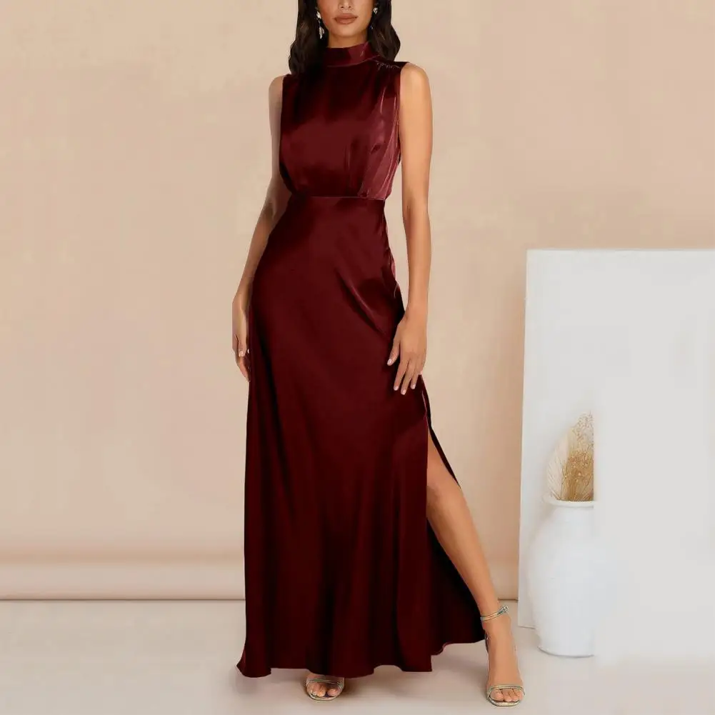

Ladies Maxi Dress Lady Side Split Dress Elegant Maxi Dress with High Slim Waist Side Split Silky Mock Collar for Prom Evening
